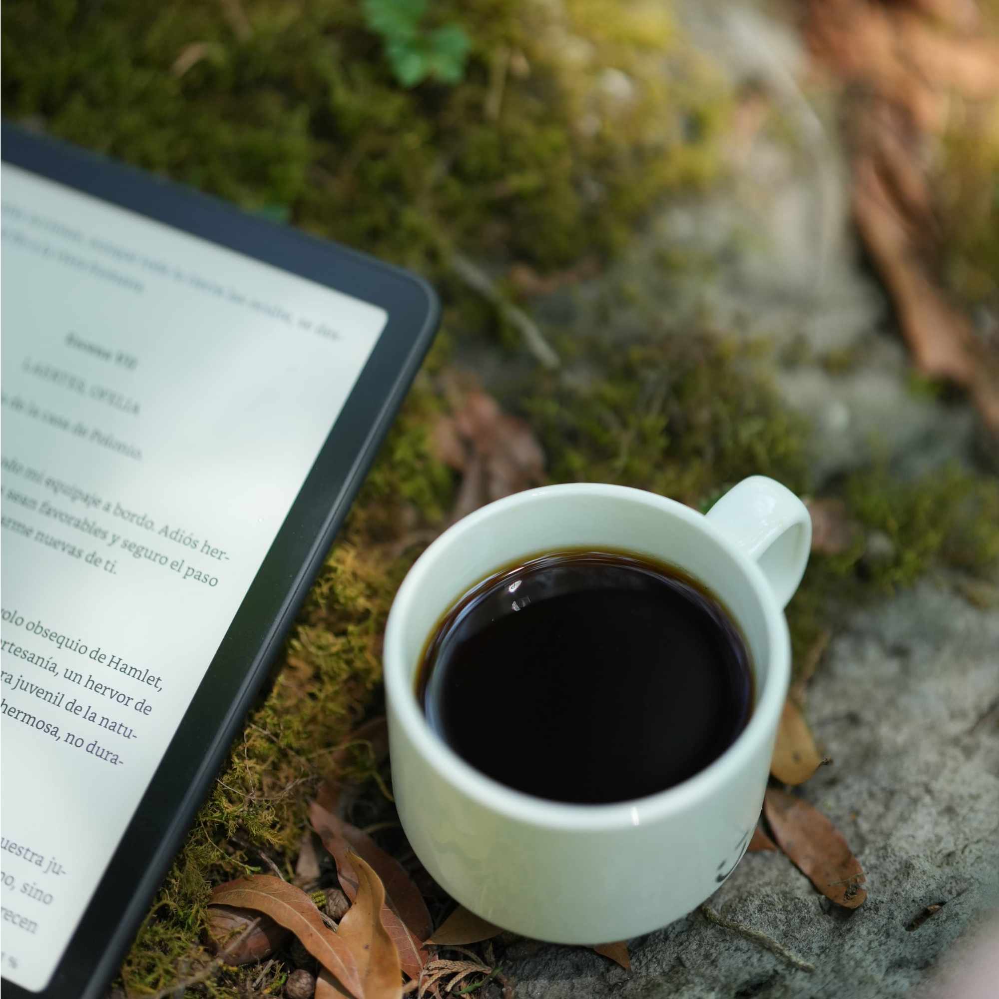 Taza de café negro junto a un libro electrónico sobre musgo y piedra